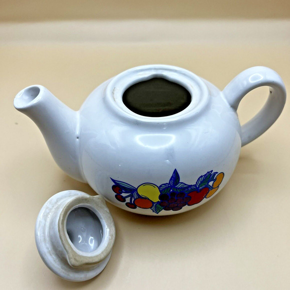 Vintage Cottagecore Boho Betallic Fruit Design Small White Tea Pot - Picture 3 of 5